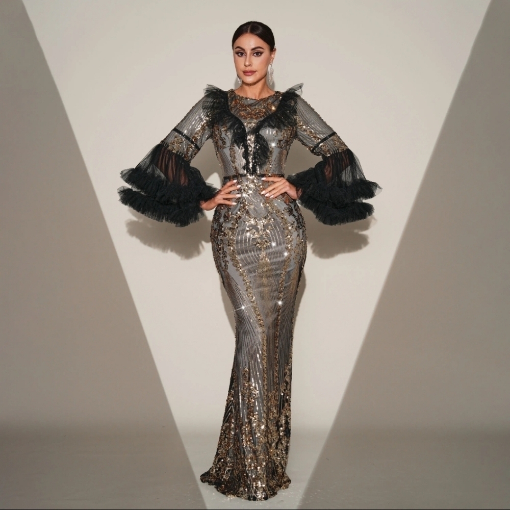 Silver Sequin Gown with V-Neck and Bishop Sleeves - Picture 4 of 15